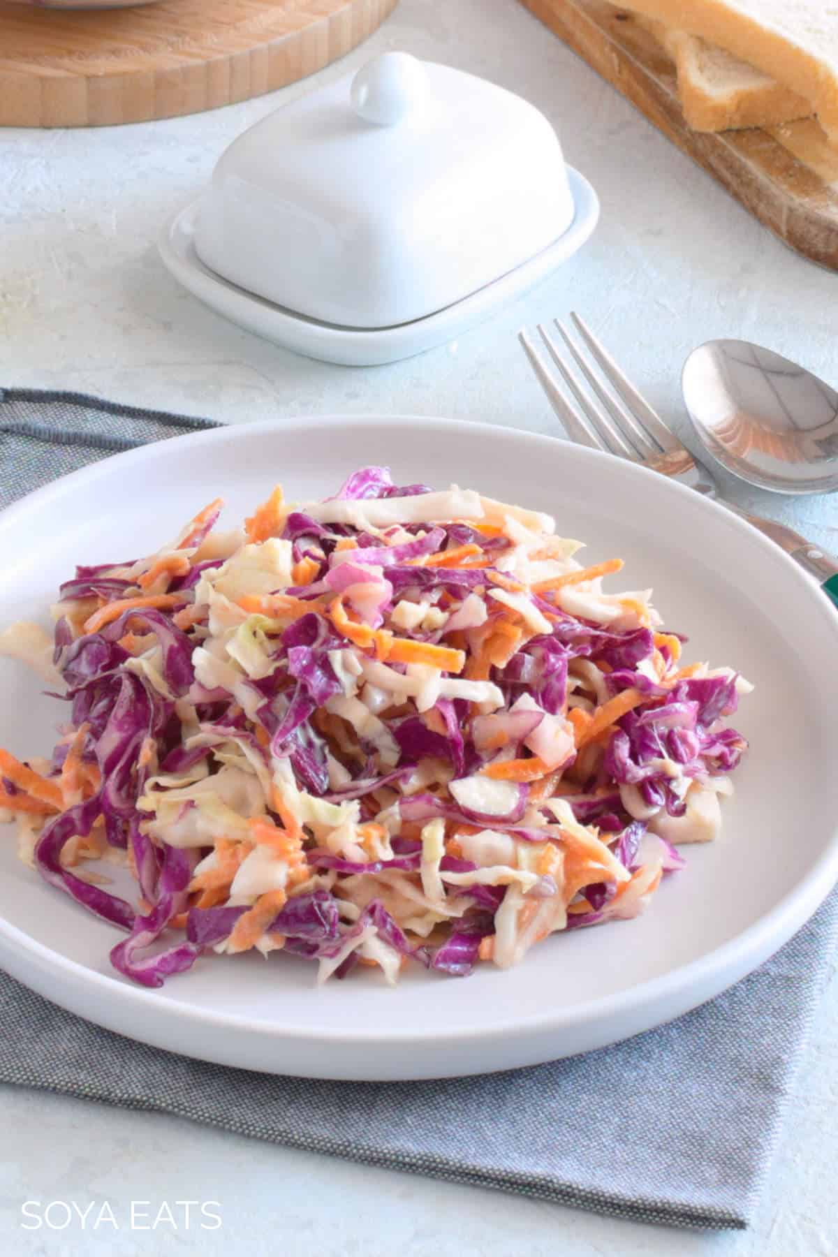 Gluten free coleslaw on a white plate.