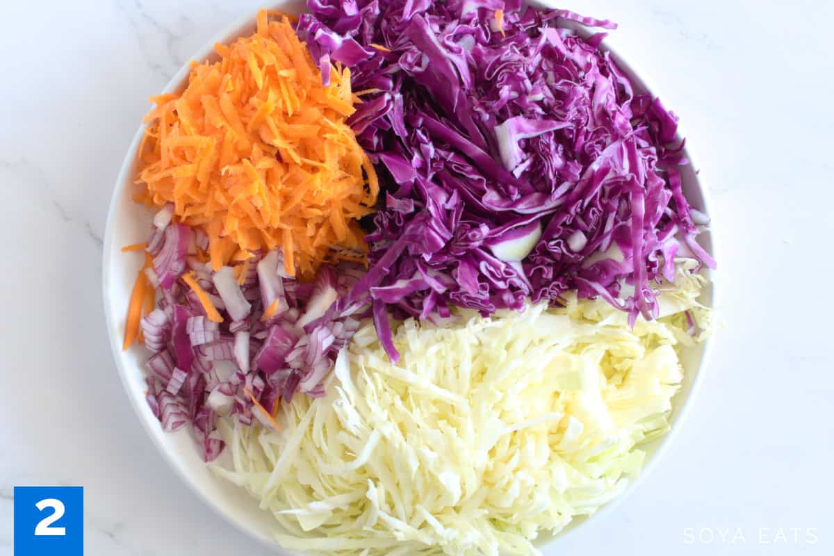 Finely sliced coleslaw ingredients on a white plate.