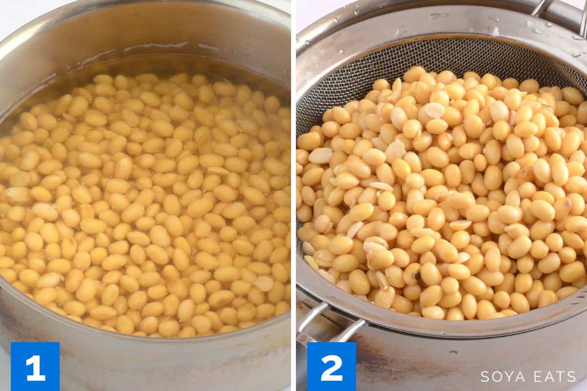 Step by step images 1 and 2 for how to make soya milk. Soya beans soaking in water.