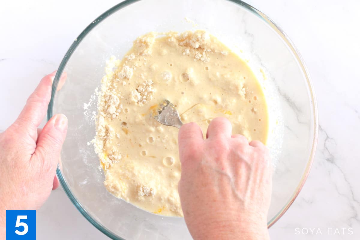 Mixing okara pancake batter.