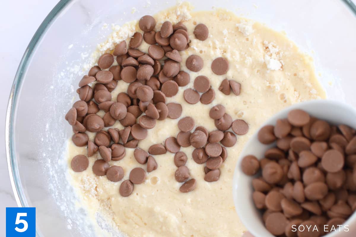 Chocolate chips in pancake batter.