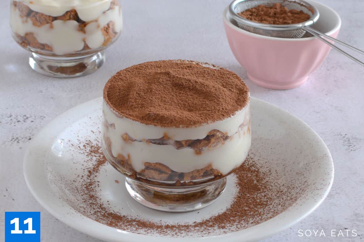 Dairy free tiramisu speculoos dusted with cocoa powder.