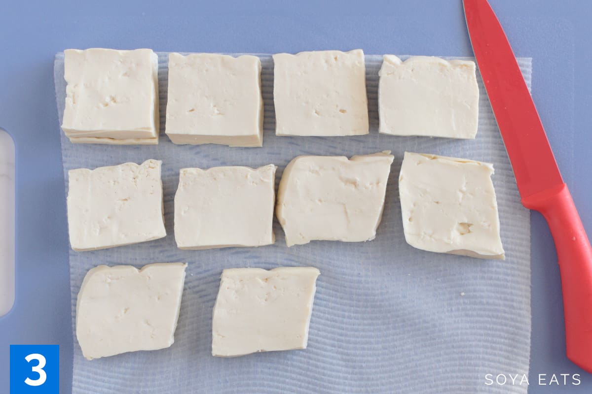 Pieces of soft tofu on a blue board.