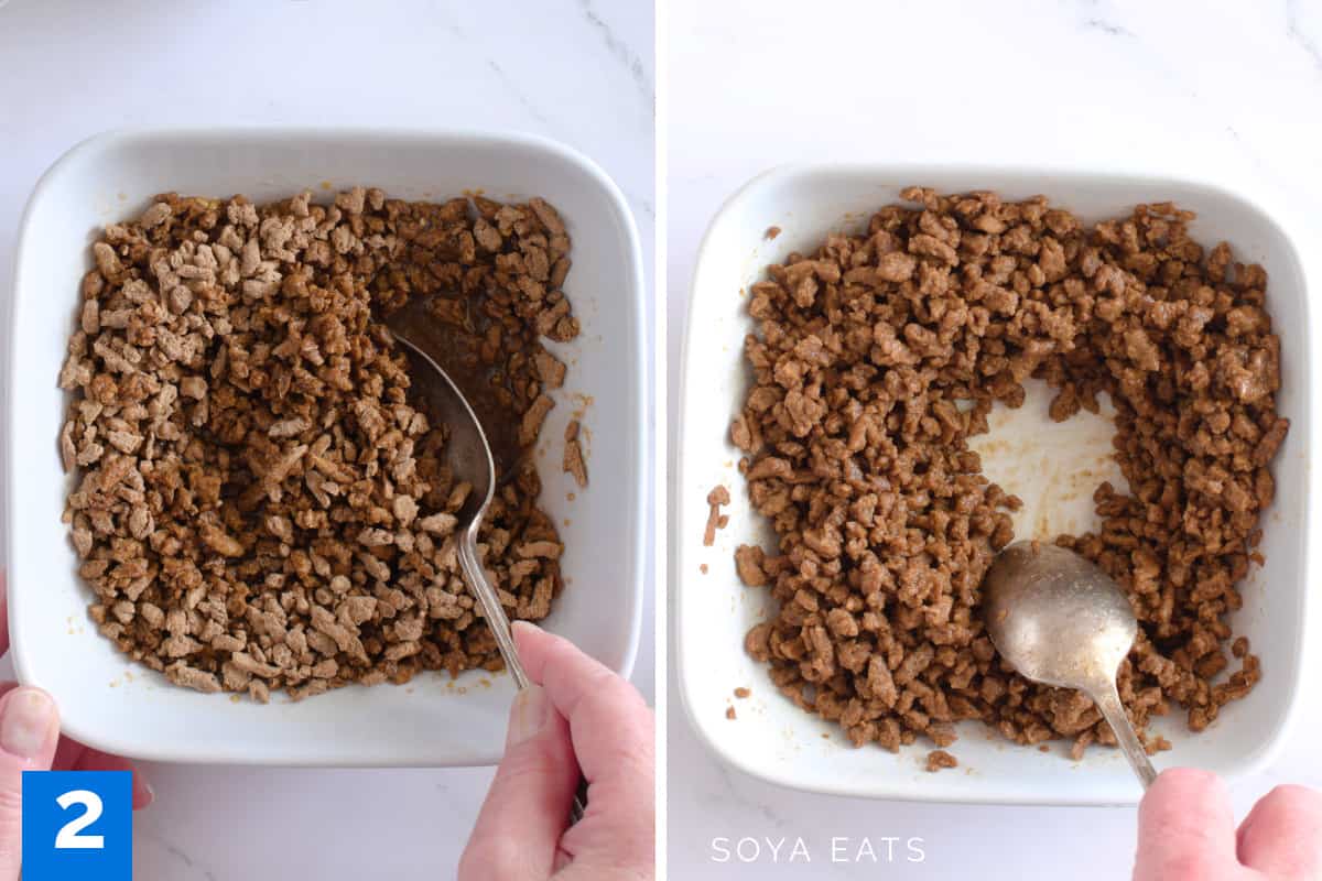 Tvp before and after mixing into a seasoned sauce.