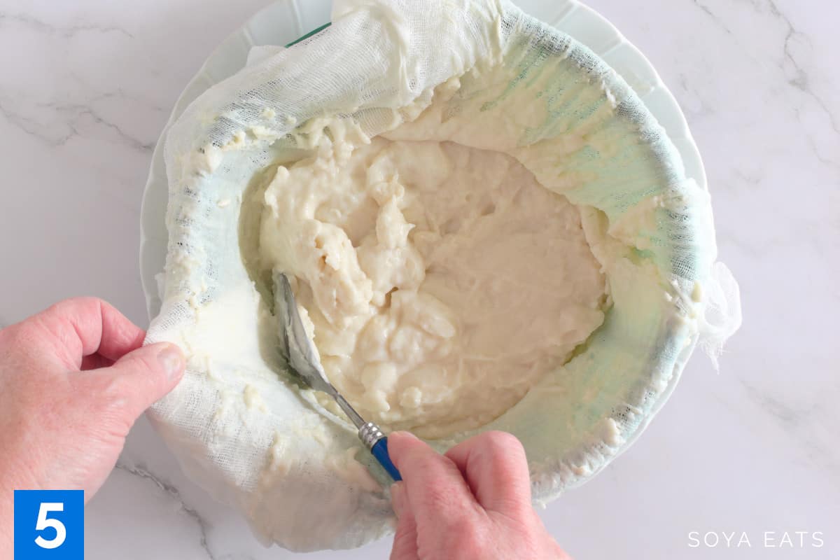 Image showing the consistency of drained vegan mascarpone.