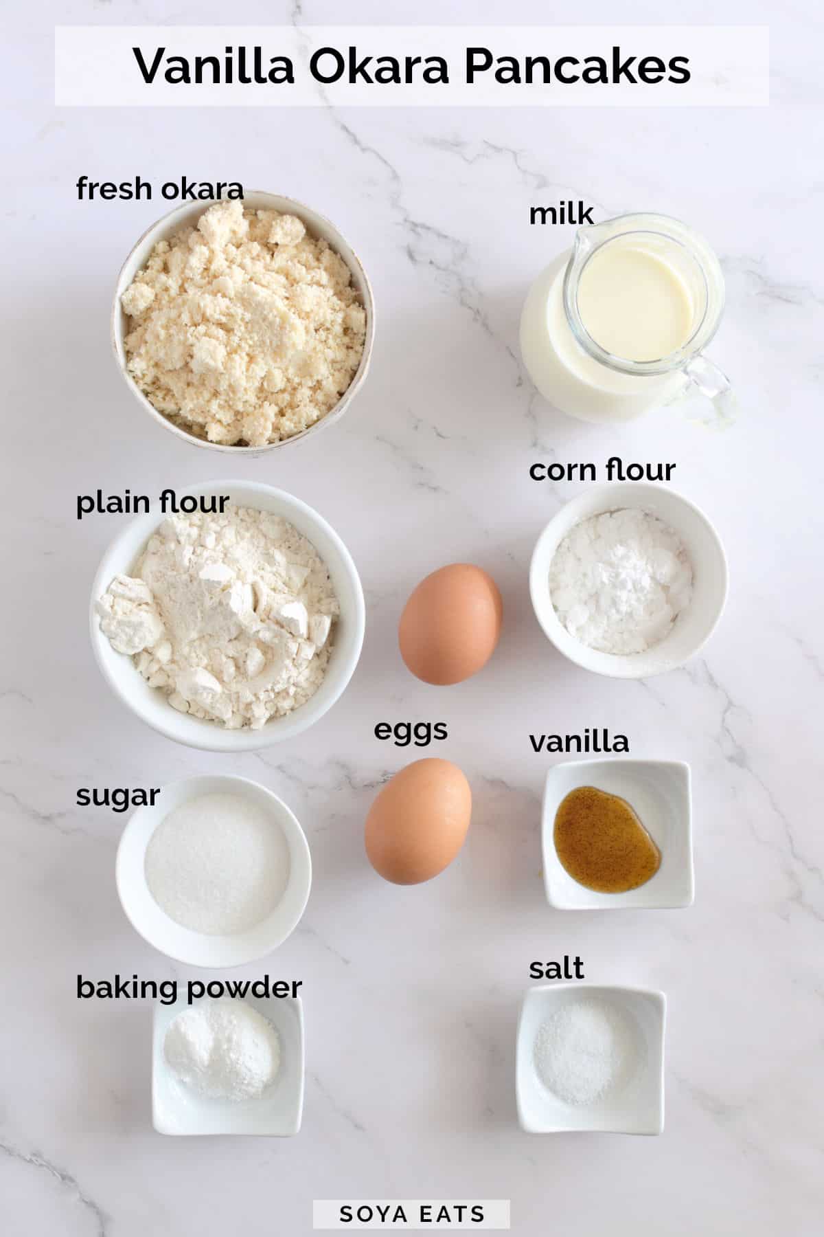 Image of ingredients for sweet okara pancakes.