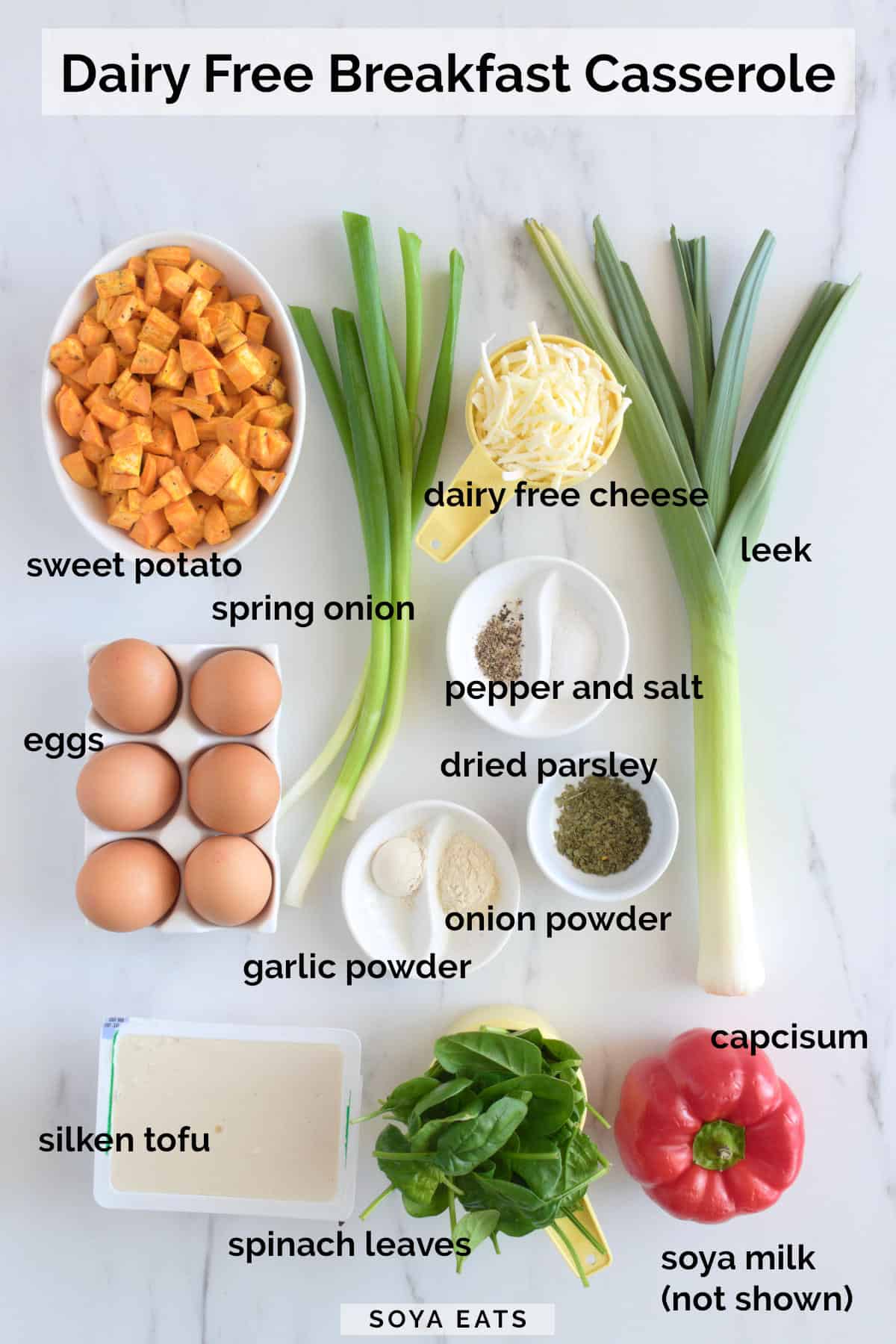 Ingredients image for a dairy free breakfast casserole.