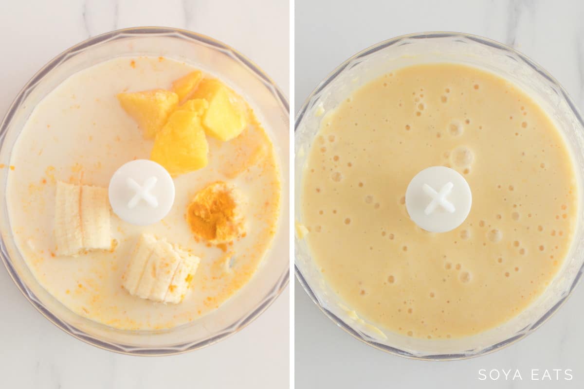 Image of smoothie ingredients in a blender before and after processing.