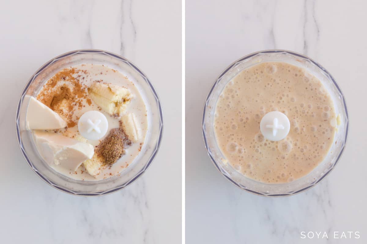 Before and after image of a smoothie in a blender.