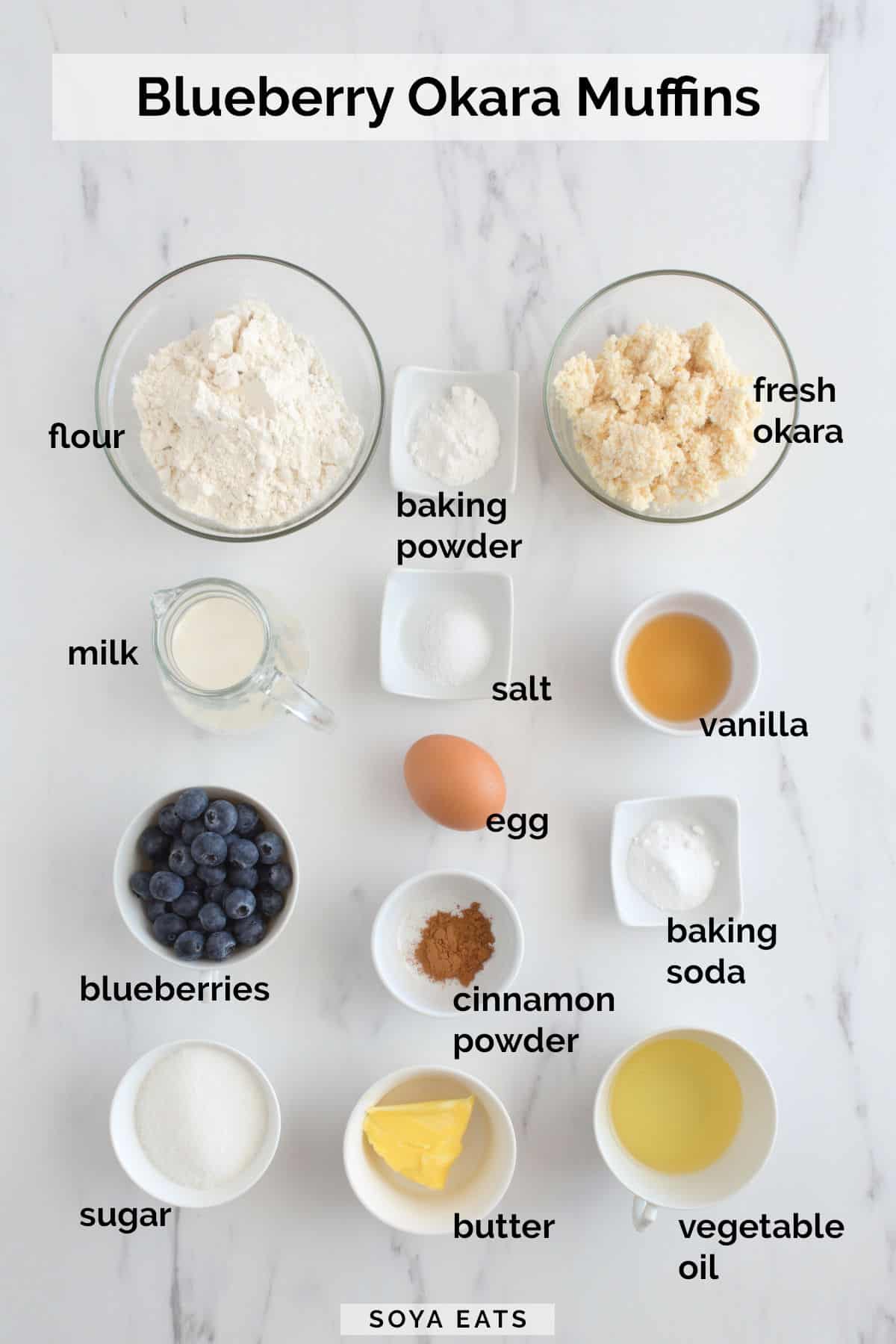 Image showing the ingredients needed for okara muffins.
