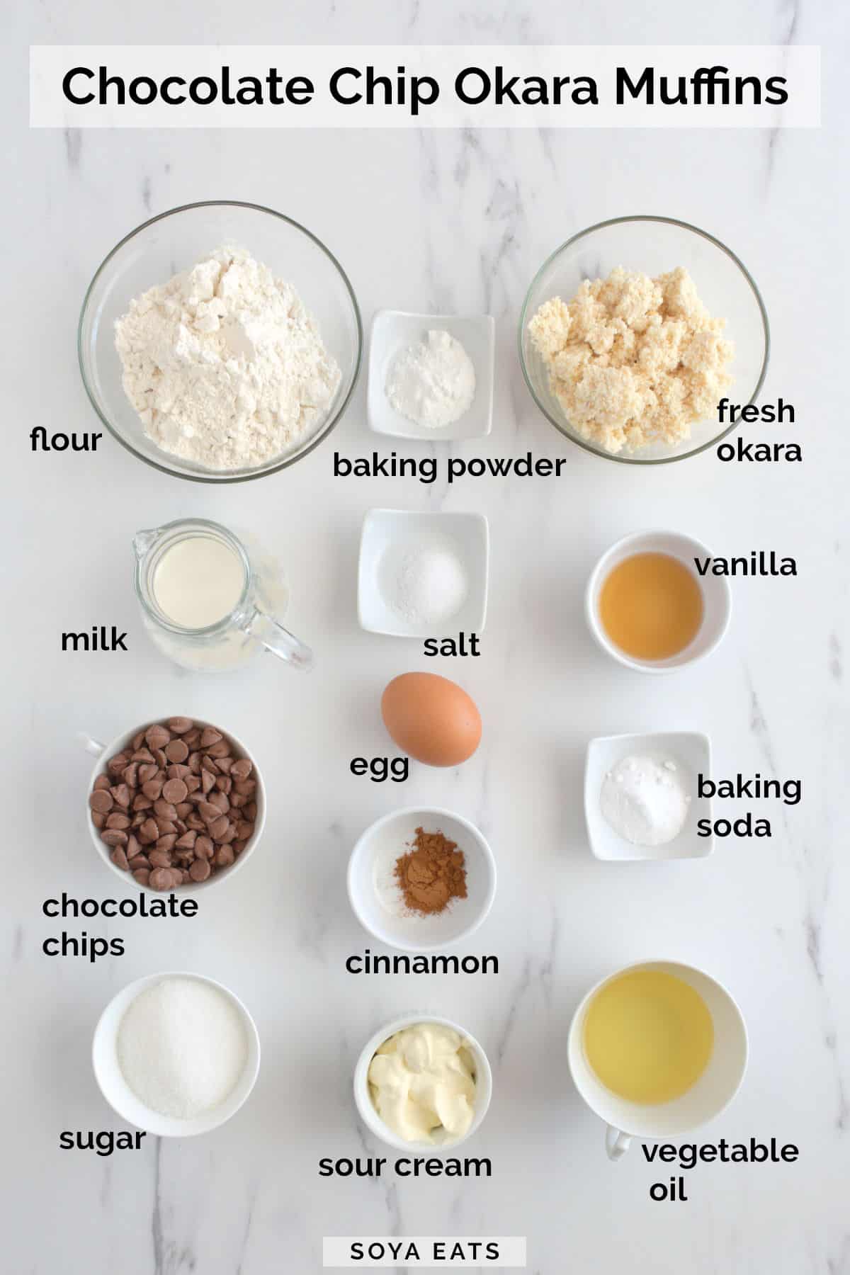Image of ingredients needed to make chocolate chip okara muffins.