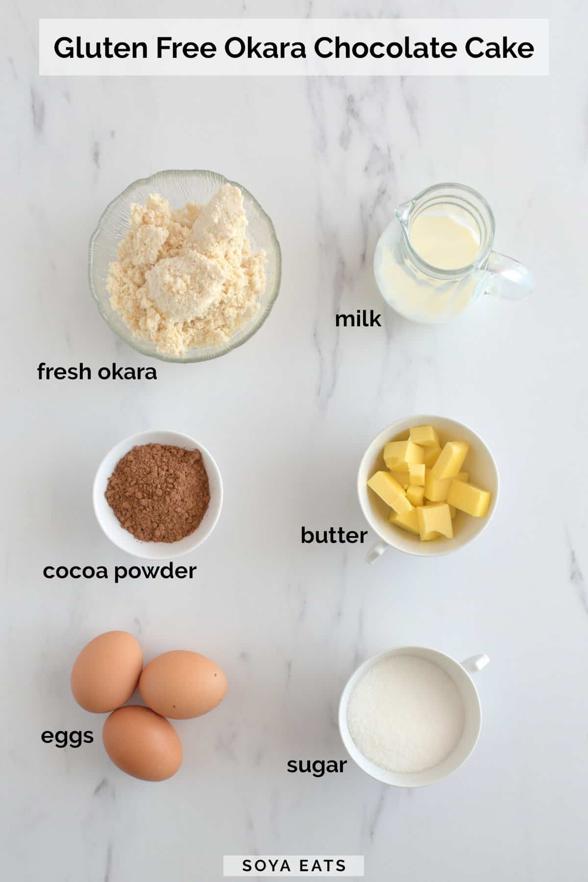 Image of ingredients for okara chocolate cake.