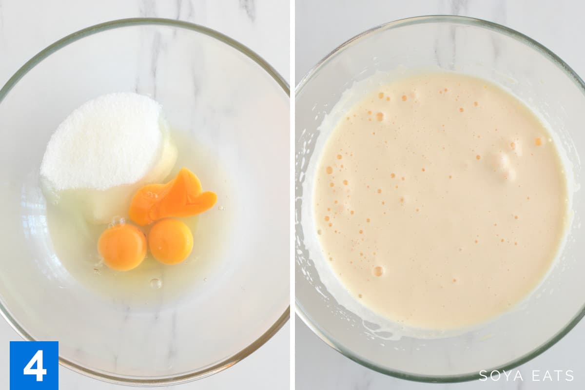 Image of egg and sugar in a bowl before beating and after beating to a light and thick frothy mixture.