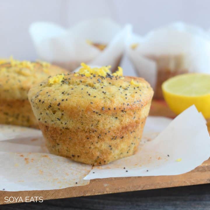 A closeup of a lemon and poppy seed muffin.