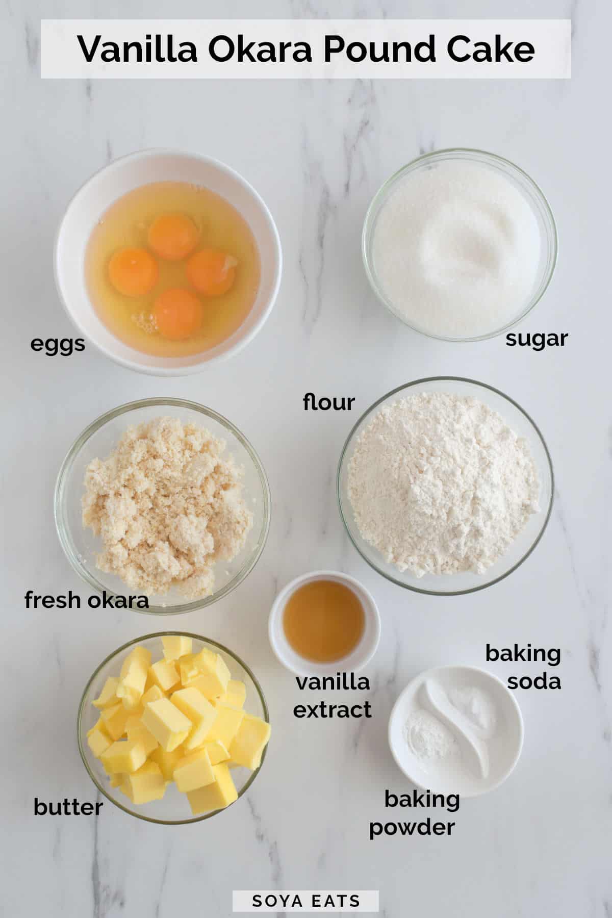 An image showing what you need to make a vanilla okara pound cake.
