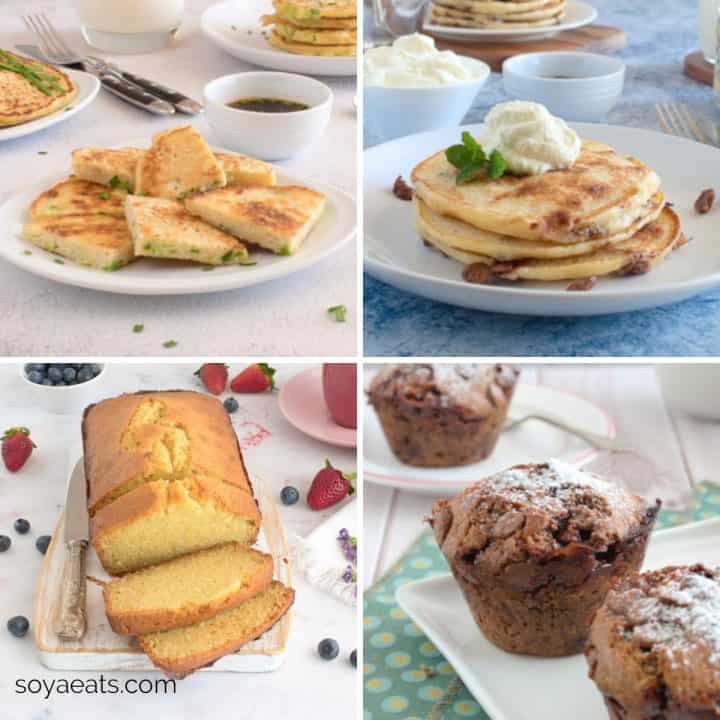 Image collage of quick breads made with okara (soy bean pulp).