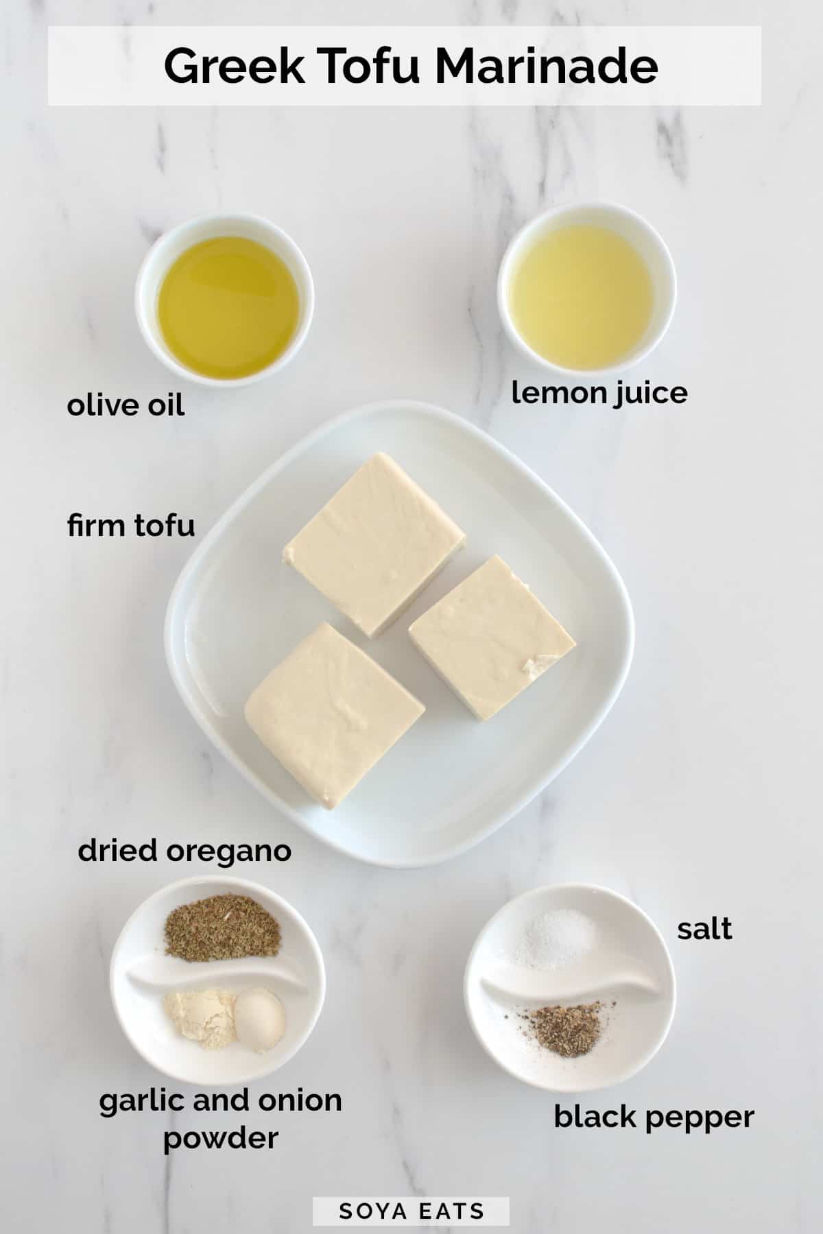 Image of ingredients needed to make a Greek tofu marinade.